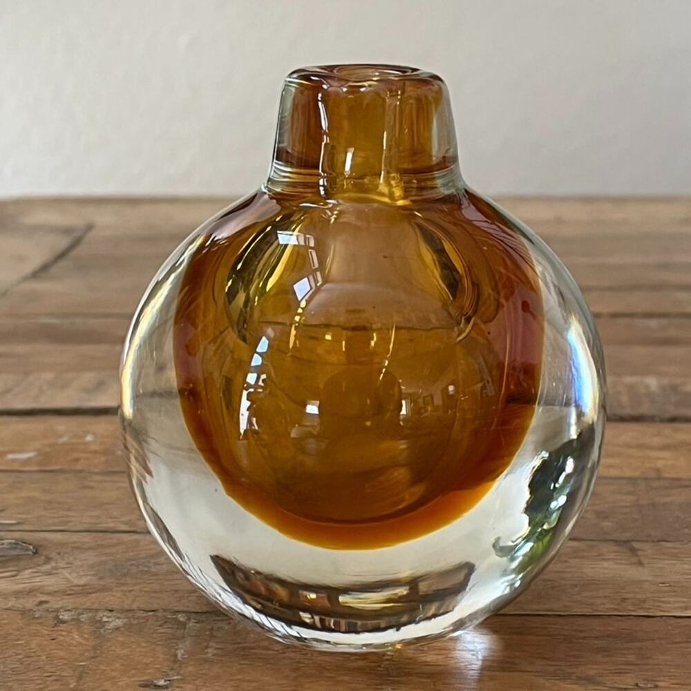 Vintage Art Glass Murano Style Clear Amber Bud Vase 5"